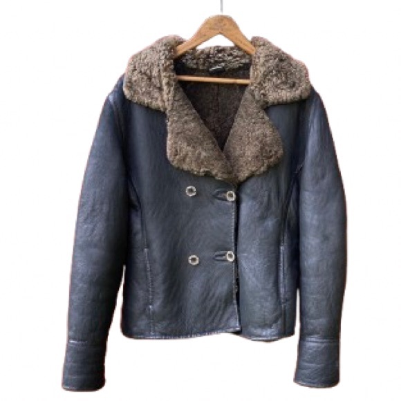 Vintage Milano Black Sheepskin Leather Shearling Aviator Jacket Women's Size L